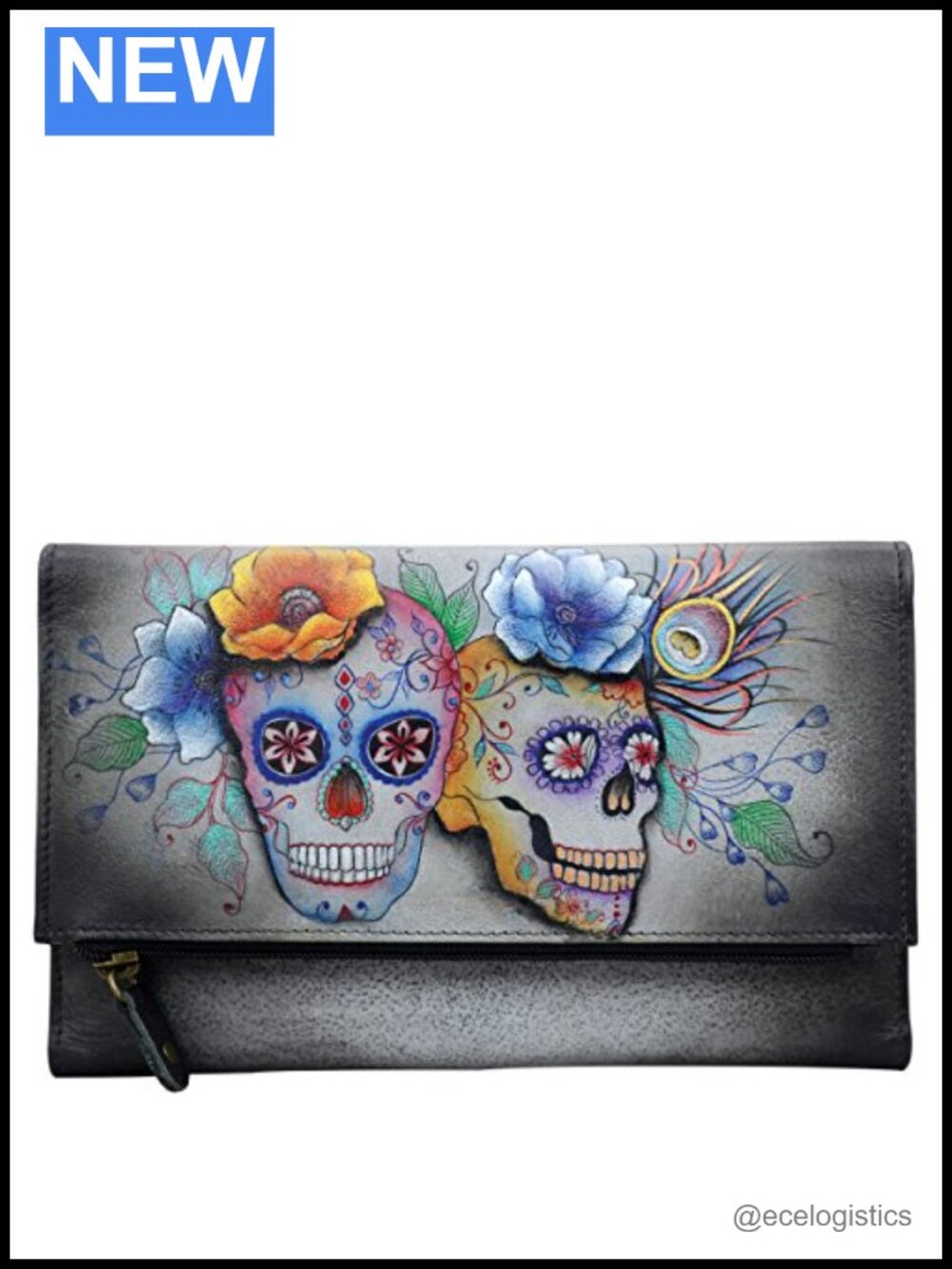 Handpainted Leather Three Fold Clutch Wallet with Card Holders